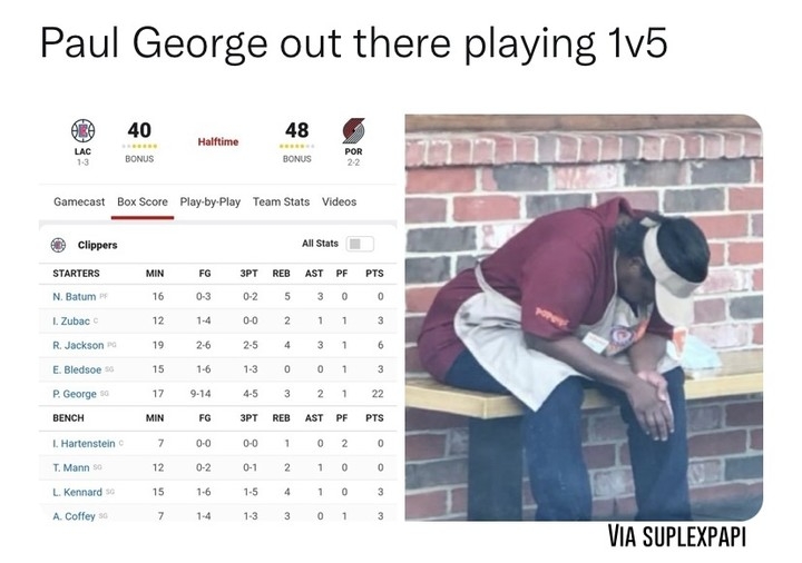 Hopefully he gets some help tonight..
#Nbamemes #PG13 #Clippers #Blazers #Dame