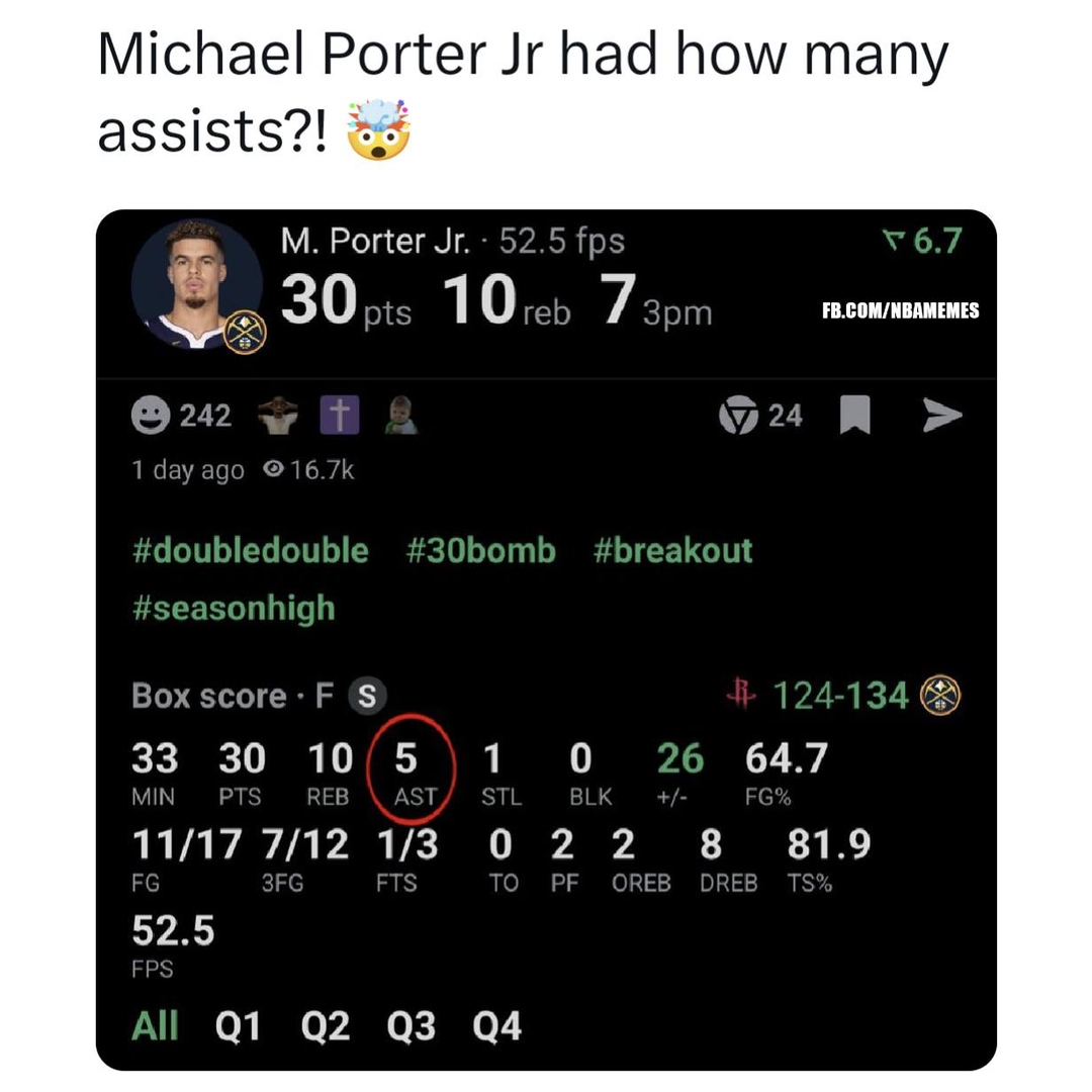 Give this man the MIP award 
#NBA #Nuggets #MPJ #MichaelPorterJr #nbamemes