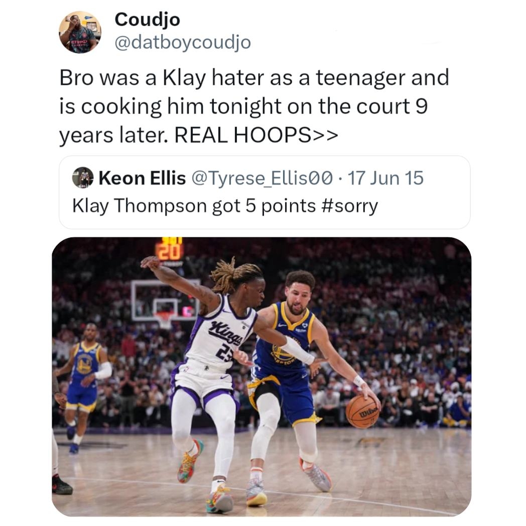 Keon was following the script π
#KlayThompson #KeonEllis #Warriors #Kings #nbamemes