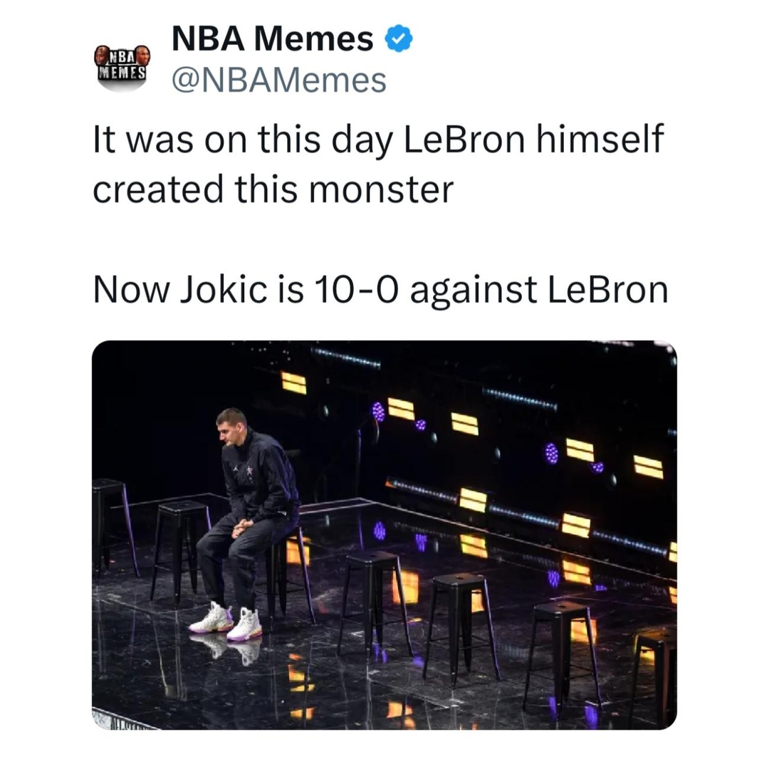 Jokic has been on a revenge run since 
#Jokic #LeBron #Lakers #Nuggets #nbamemes