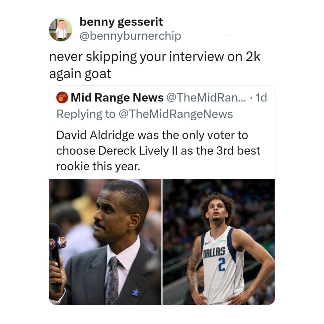 This was the only valid vote π
#DavidAldridge #DereckLively #Mavs #2k #nbamemes