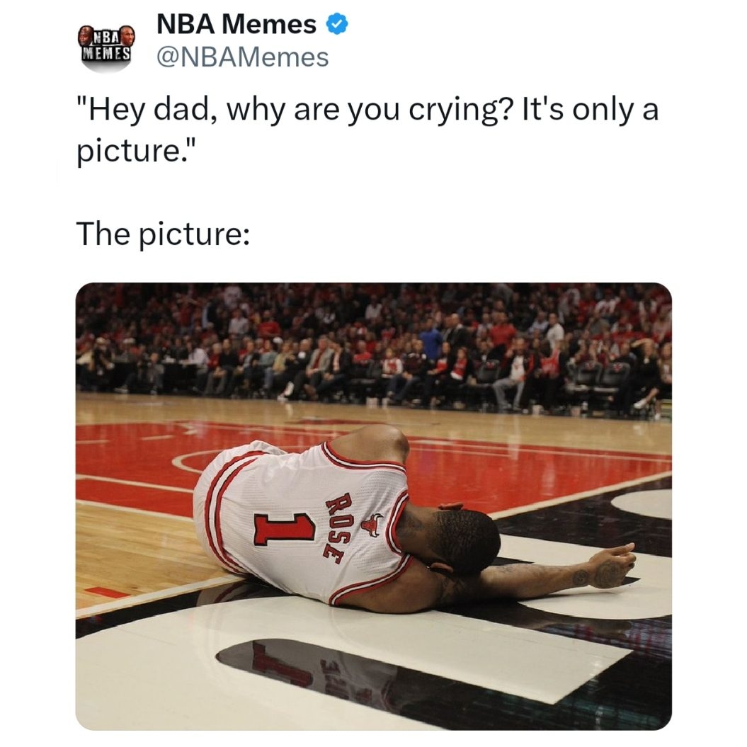 Enough to make a grown man cry π
#DerrickRose #ChicagoBulls #NBA #nbamemes