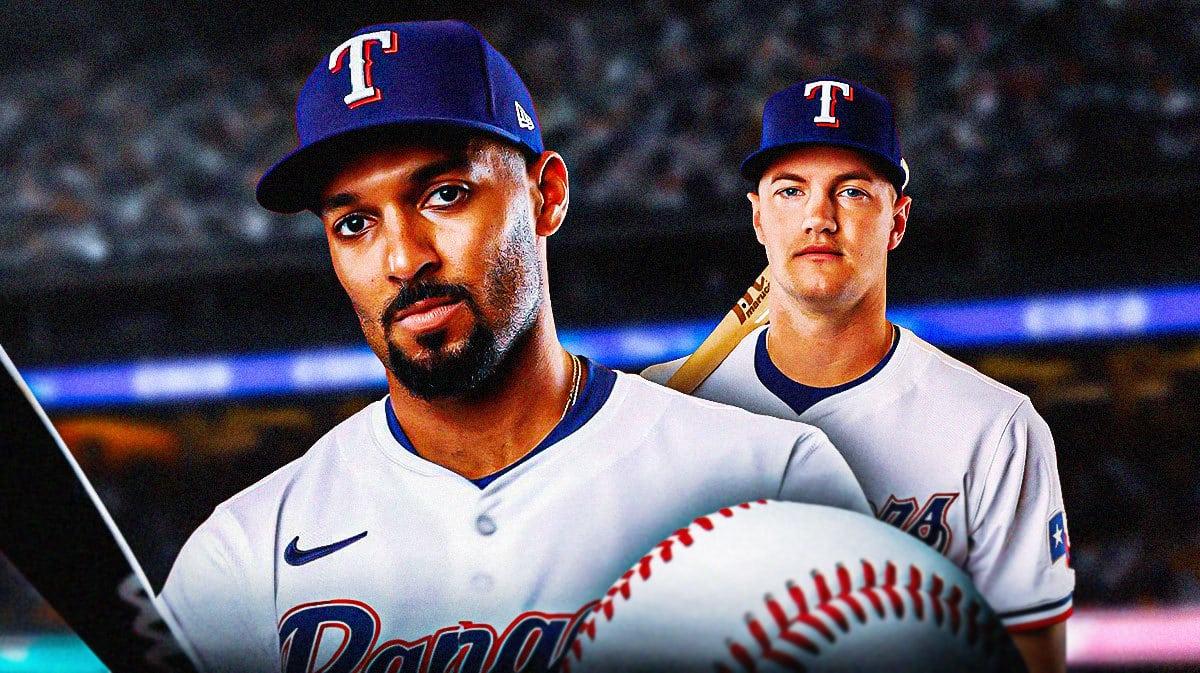 Rangers' Marcus Semien, Rangers' Josh Jung both looking serious at Globe Life Field.