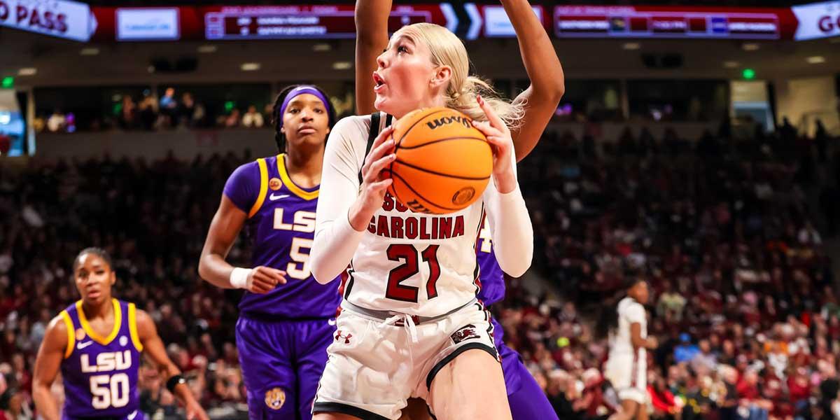 South Carolina Gamecocks forward Chloe Kitts (21) looks to shoots against the LSU Lady Tigers in the first half at Colonial Life Arena.