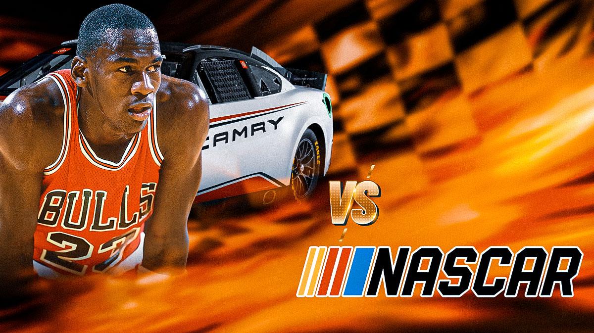 Need a photo of the NASCAR Logo on the left .... a "vs." in the middle ... then Michael Jordan on the right, either at a NASCAR race, standing next to a NASCAR car or just looking pissed off