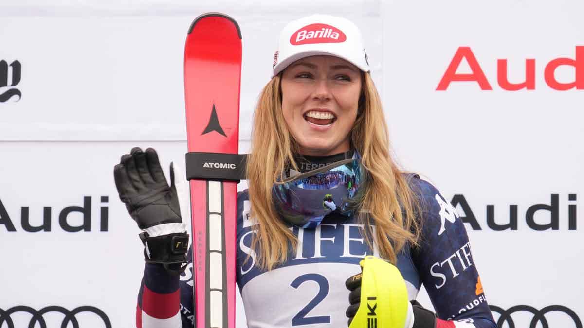 Race winner Mikaela Shiffrin of the United States celebrates on the podium after winning the slalom alpine skiing race in the 2025 FIS Ski World Cup at Sun Valley.