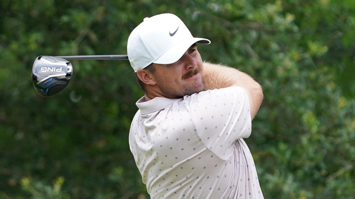 Chris Gotterup plays his shot from the ninth tee during the third round of the Charles Schwab Challenge golf tournament.