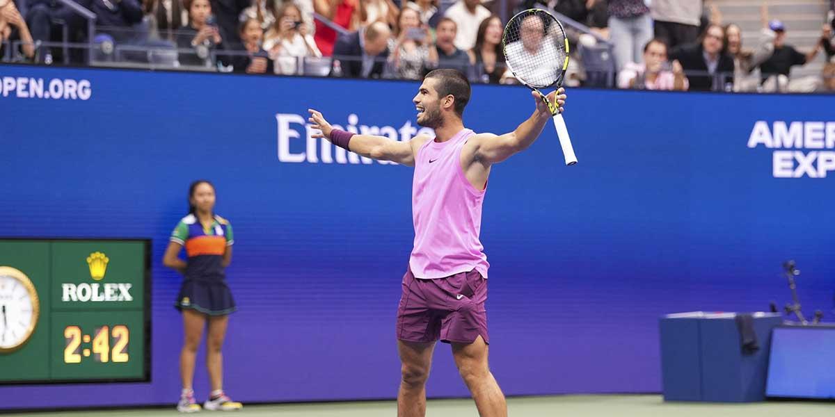 Carlos Alcaraz (ESP) celebrates after defeating Jannik Sinner (ITA) (not pictured) during the final of mens singles at Billie Jean King National Tennis Center.