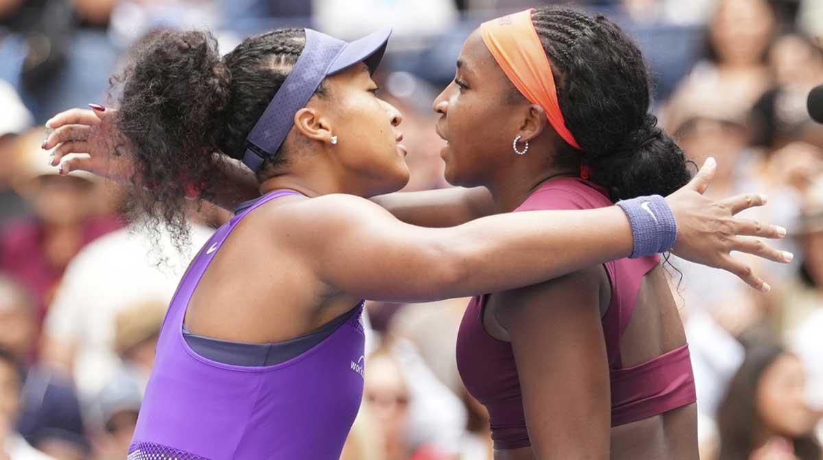 Coco Gauff (USA) (left) after beating Naomi Osaka (JPN) (right) on day nine of the 2025 U.S. Open tennis tournament at the USTA Billie Jean King National Tennis Center.