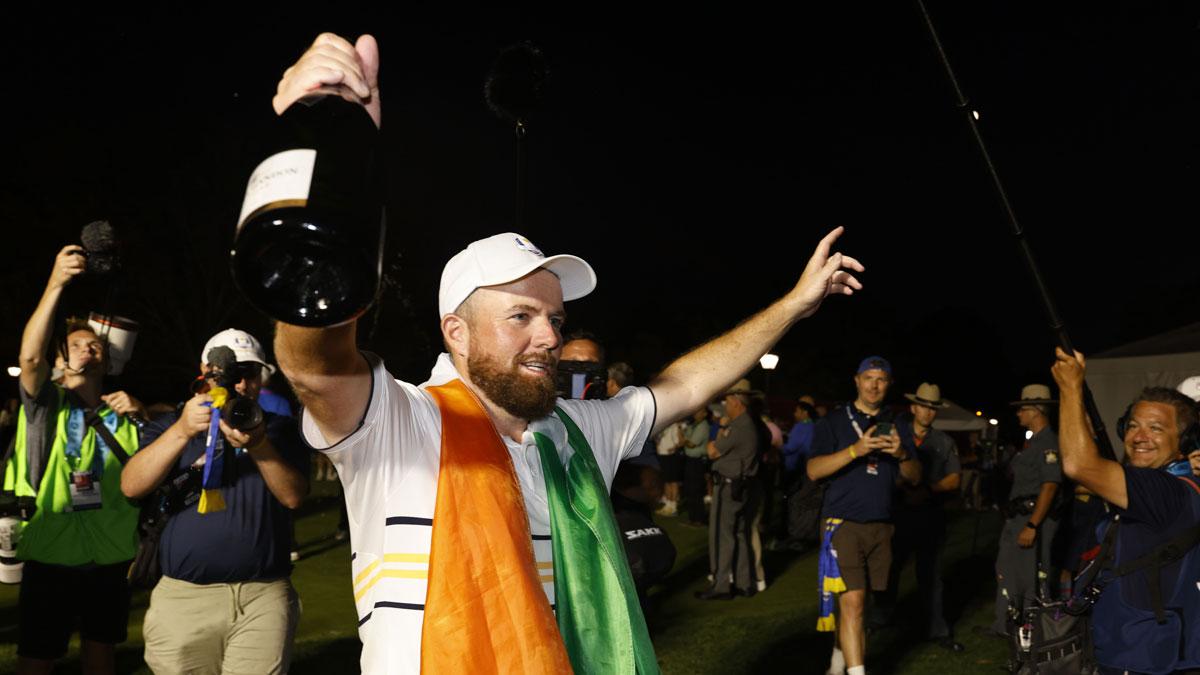 Team Europe golfer Shane Lowry reacts after defeating Team USA on the final day of competition for the Ryder Cup at Bethpage Black