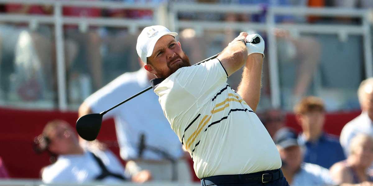 Team Europe's Shane Lowry hits his tee shot on the 1st hole during the singles on the final day of competition for the Ryder Cup at Bethpage Black.