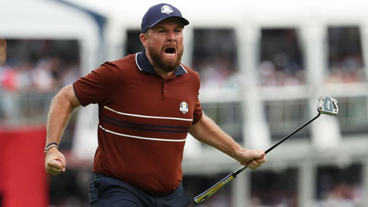 Team Europe's Shane Lowry celebrates after holing his putt on the 15th hole during the four-balls on the second day of competition for the Ryder Cup at Bethpage Black.