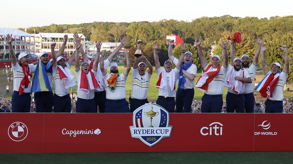 Team Europe Captain Luke Donald, Shane Lowry, Rasmus Hojgaard, Justin Rose, Jon Rahm, Sepp Straka, Ludvig Aberg, Rory McIlroy, Viktor Hovland, Matt Fitzpatrick, Tommy Fleetwood, Robert MacIntyre and Tyrrell Hatton react after defeating Team USA on the final day of competition for the Ryder Cup at Bethpage Black.