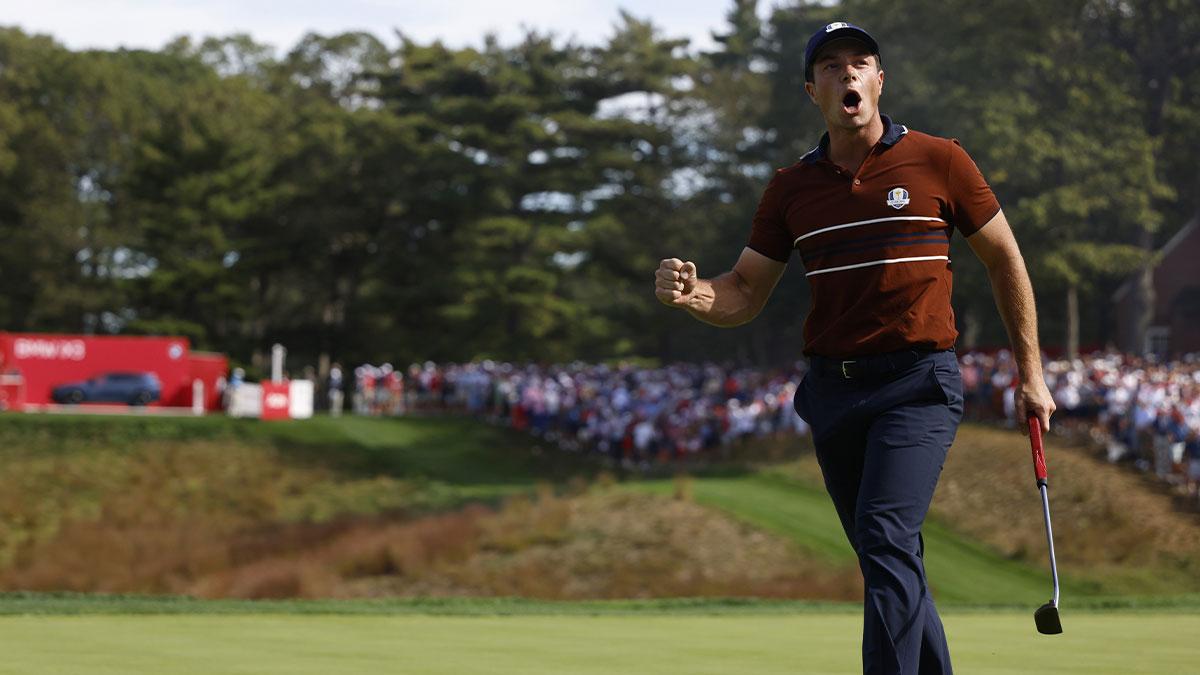 Team Europe golfer Viktor Hovland reacts to a putt on the 14th hole on the penultimate day of competition for the Ryder Cup at Bethpage Black