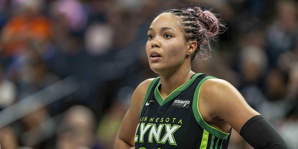 Minnesota Lynx forward Napheesa Collier (24) looks on against the Golden State Valkyries in the second half during game one of round one for the 2025 WNBA Playoffs at Target Center.