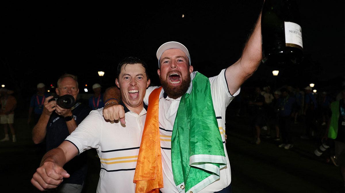Team Europe's Shane Lowry and Matt Fitzpatrick celebrate winning the Ryder Cup on the final day of competition for the Ryder Cup at Bethpage Black.