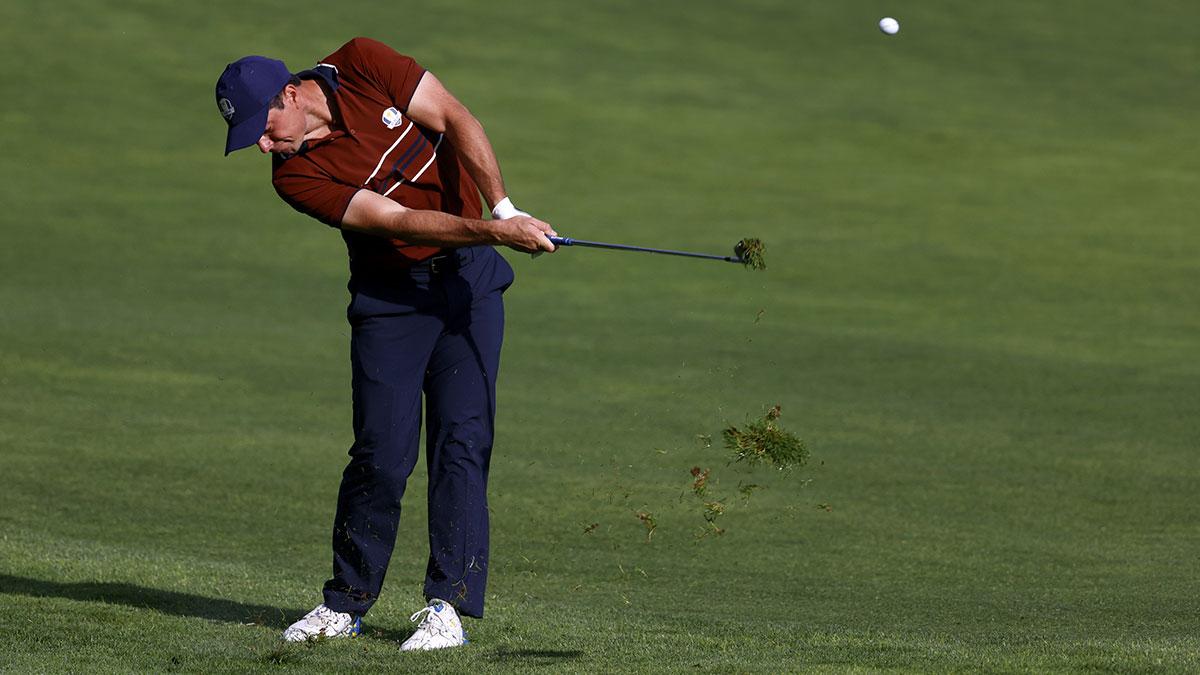 Team Europe golfer Viktor Hovland hits on the sixth hole on the penultimate day of competition for the Ryder Cup at Bethpage Black
