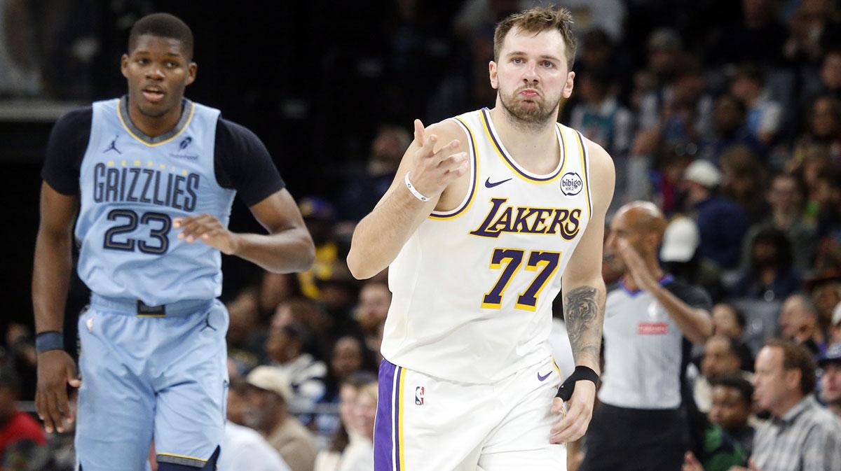 Los Angeles Lakers guard Luka Doncic (77) reacts during the fourth quarter against the Memphis Grizzlies at FedExForum.