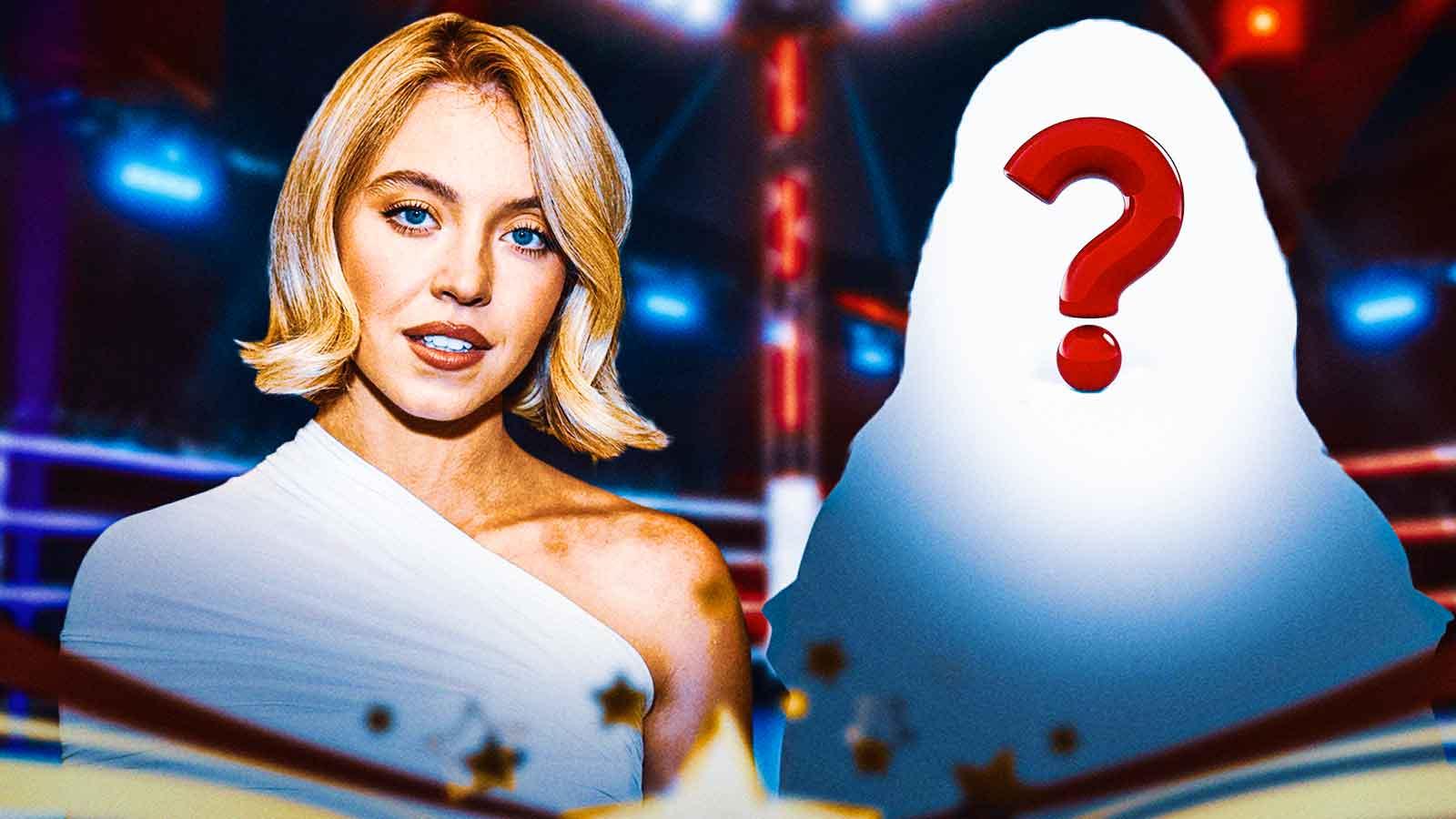 Christy Martin biopic star Sydney Sweeney next to silhouette with boxing ring background.