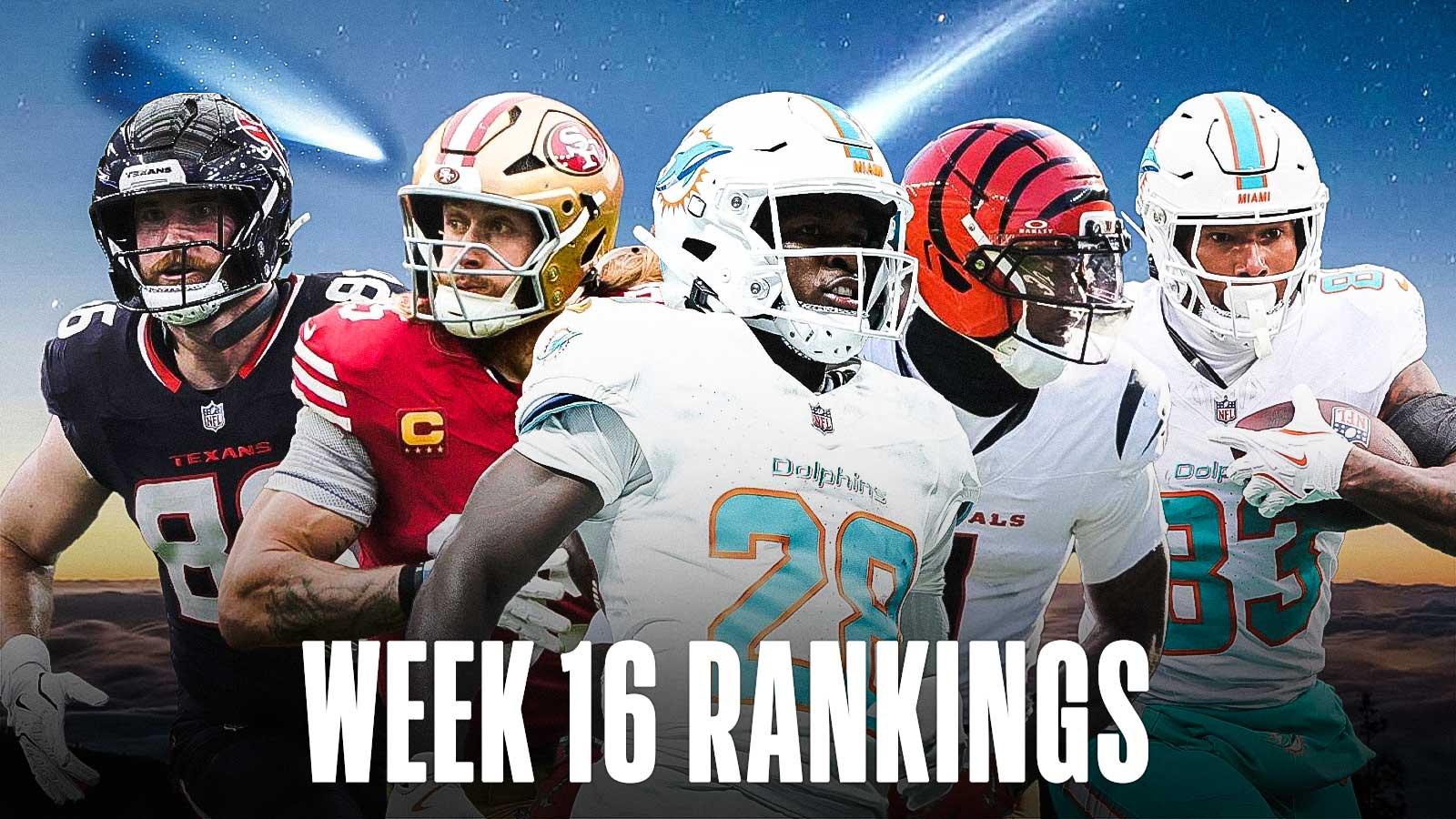 De'Von Achane, George Kittle, Ja'Marr Chase, Dalton Schultz, Darren Waller all beside each other - Comets in the background