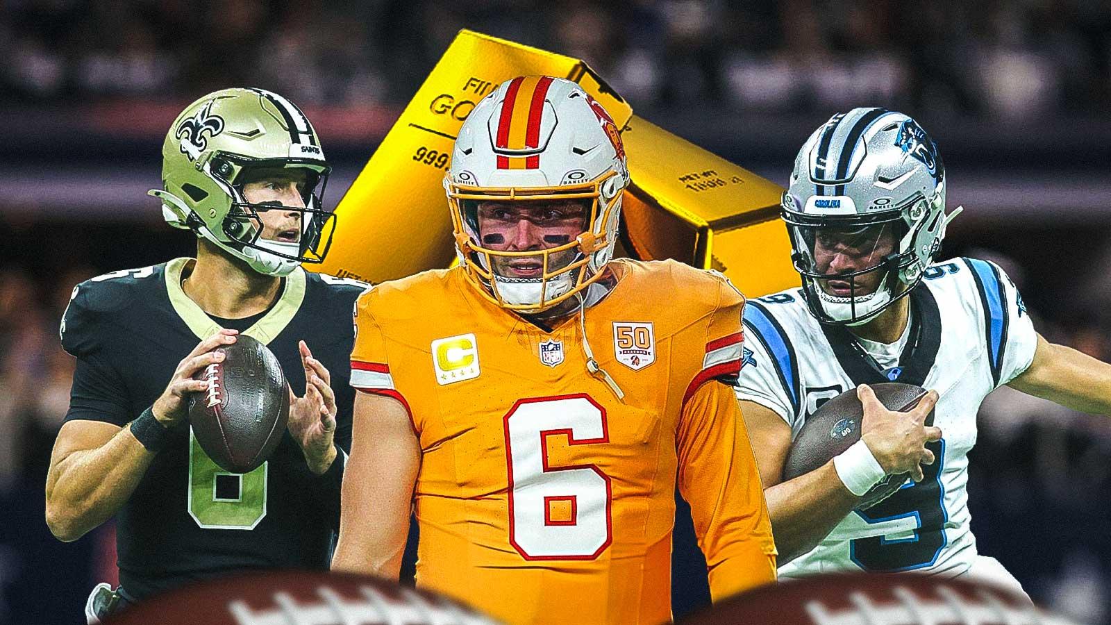 Baker Mayfield, Tyler Shough, Bryce Young all beside each other, Gold bars in the background