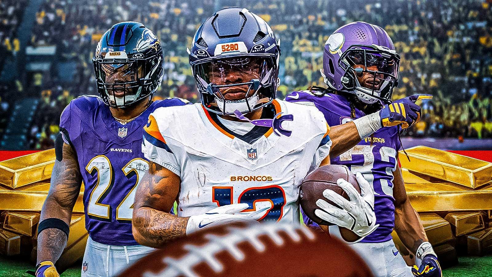 Derrick Henry, RJ Harvey, Aaron Jones all beside each other, Gold bars in the background