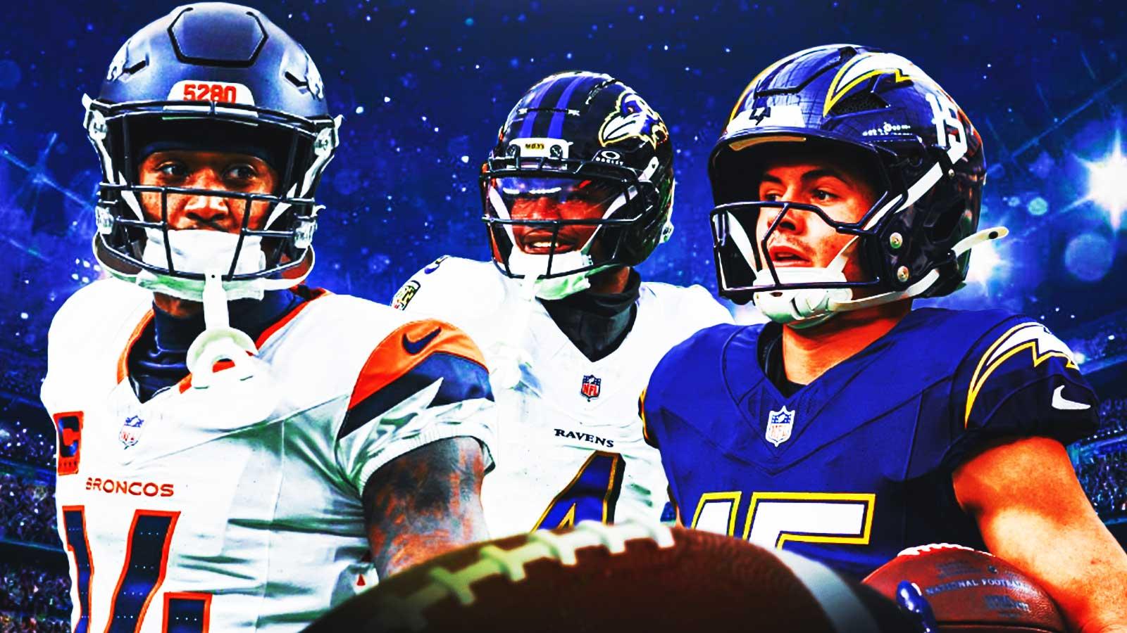 Courtland Sutton, Zay Flowers, Ladd McConkey all beside each other, Gold bars in the background