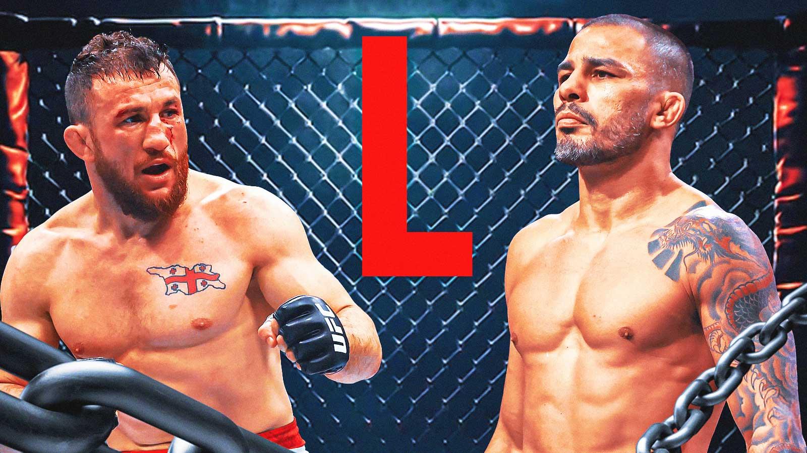 Merab Dvalishvili and Alexandre Pantoja with Big red L in the middle of the graphic.