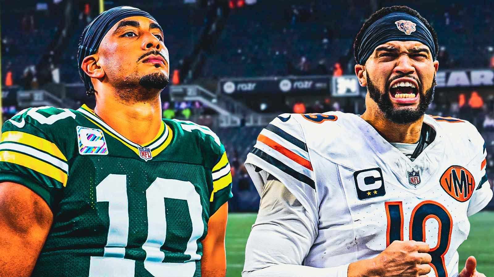 Jordan Love on one side, Caleb Williams on the other side, Soldier Field in the background