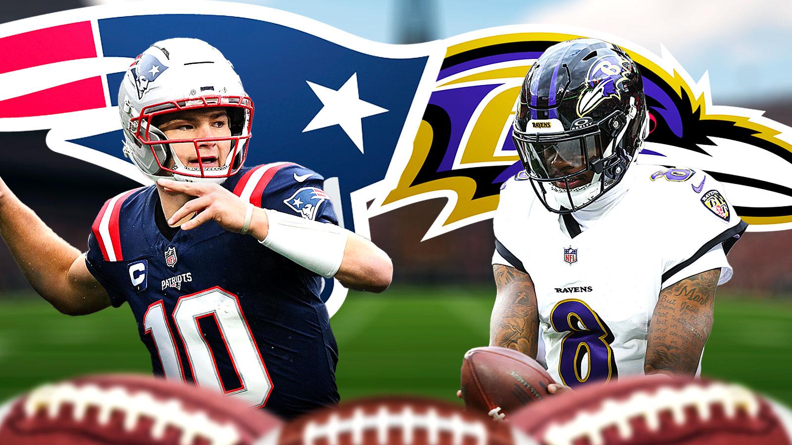 Patriots QB Drake Maye and Ravens QB Lamar Jackson. New England Patriots and Baltimore Ravens logos behind them