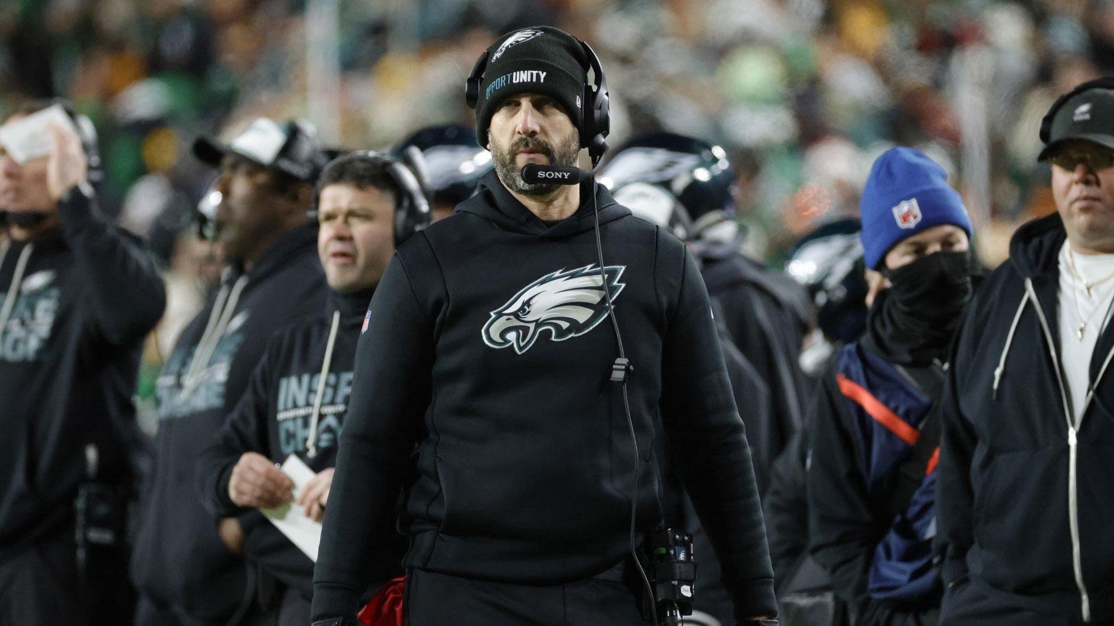 Philadelphia Eagles head coach Nick Sirianni looks on during the first half against the Washington Commanders at Northwest Stadium.