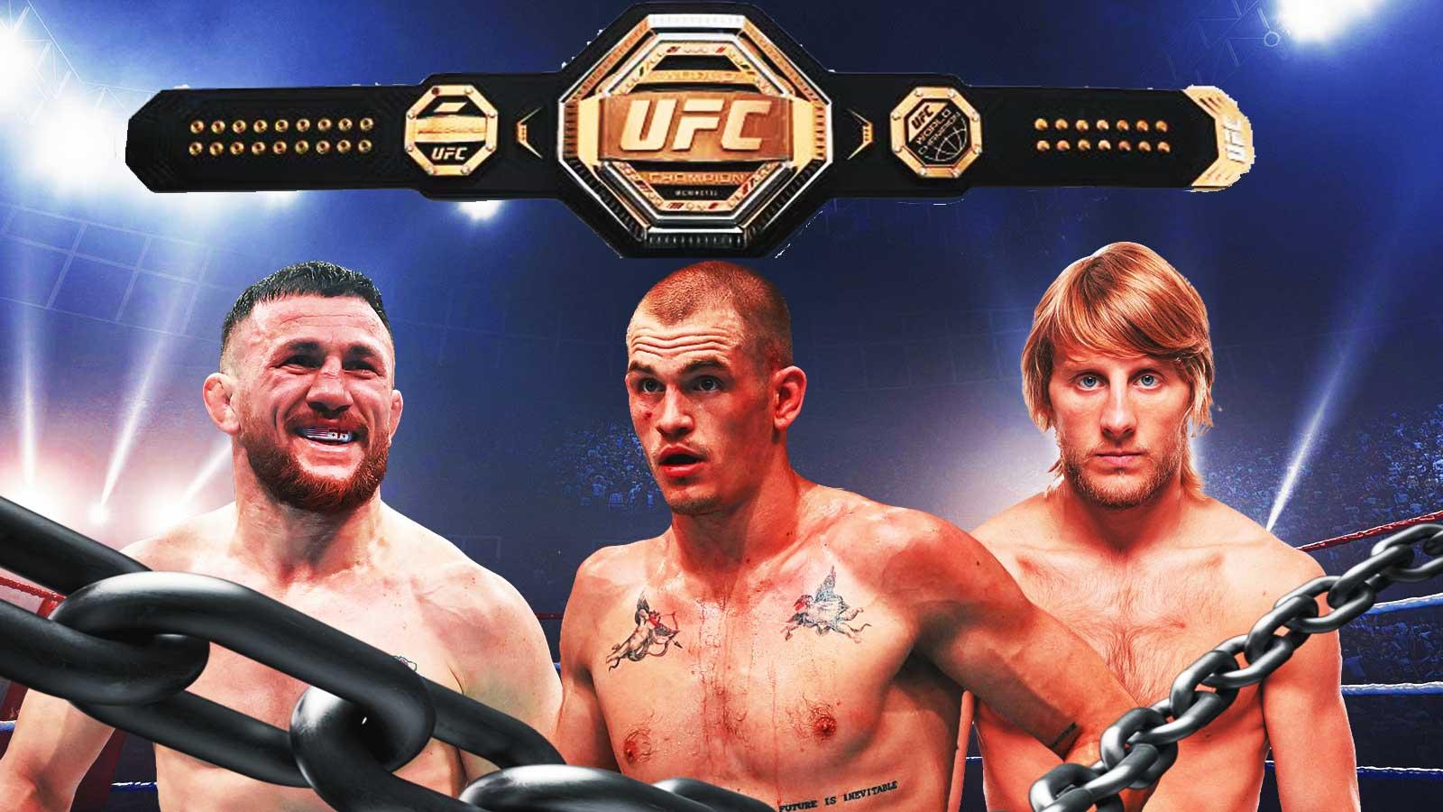 At the top of the graphic is a UFC championship belt. Below the belt are Merab Dvalishvili, Maycee Barber, Ian Machado Garry, and Paddy Pimblett.