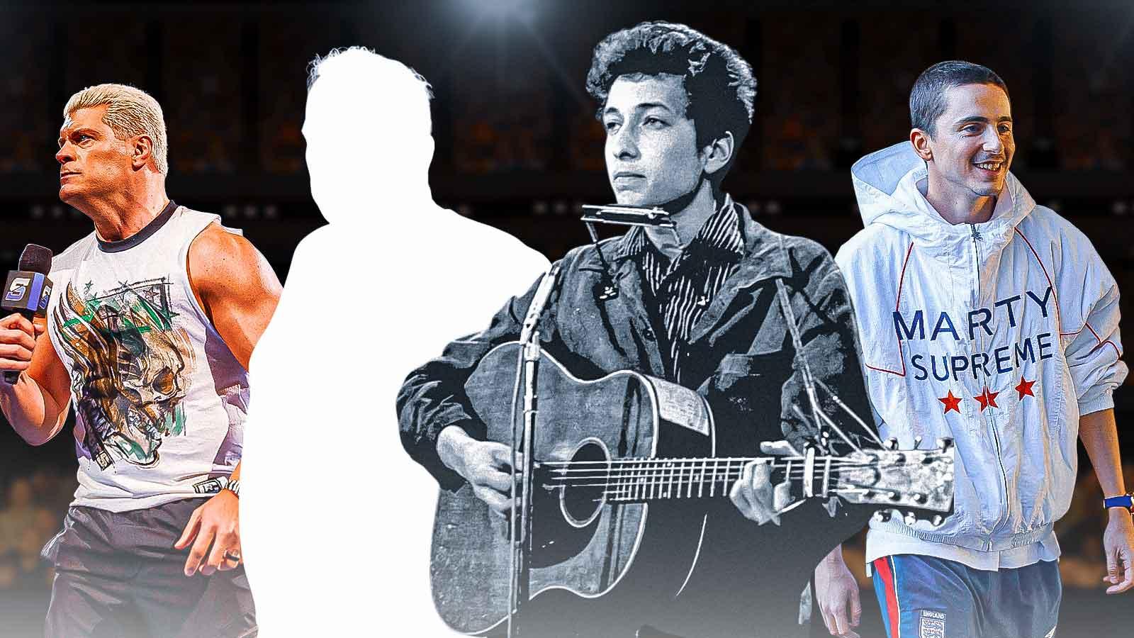 WWE stars Cody Rhodes and a silhouette of Jake The Snake Roberts next to Bob Dylan and Timothée Chalamet.