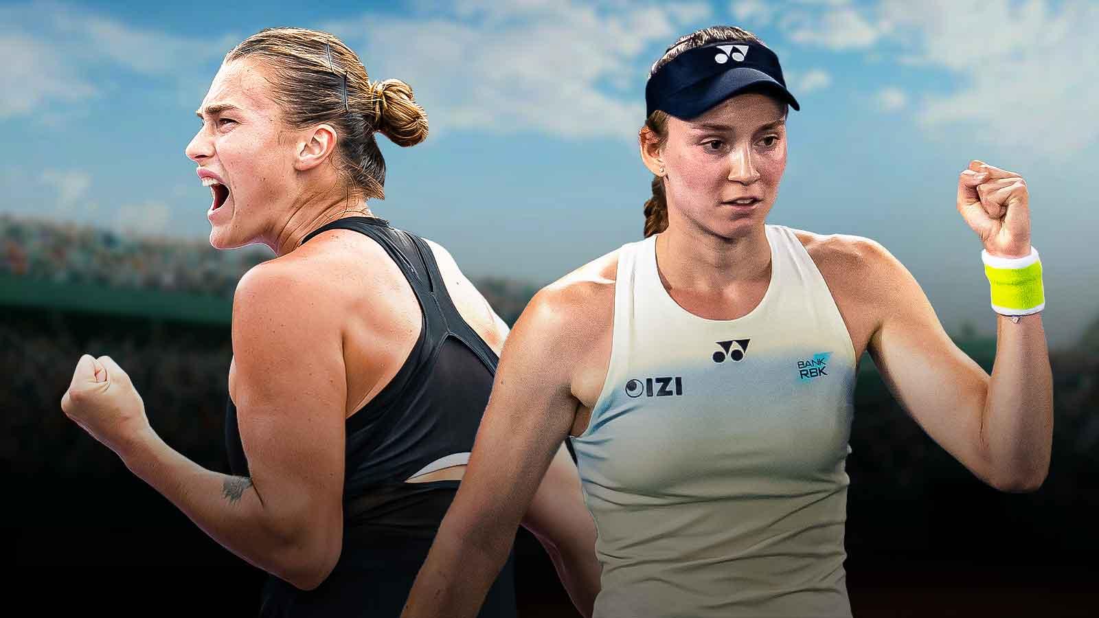 Aryna Sabalenka reacts to a point during her match against Elena Rybakina (KAZ) on day six of the GNP Saguaros WTA Finals Cancun. Elena Rybakina of Kazakhstan celebrates her victory over Jessica Pegula of United States in the semifinals of the womenís singles at the Australian Open at Rod Laver Arena in Melbourne Park.