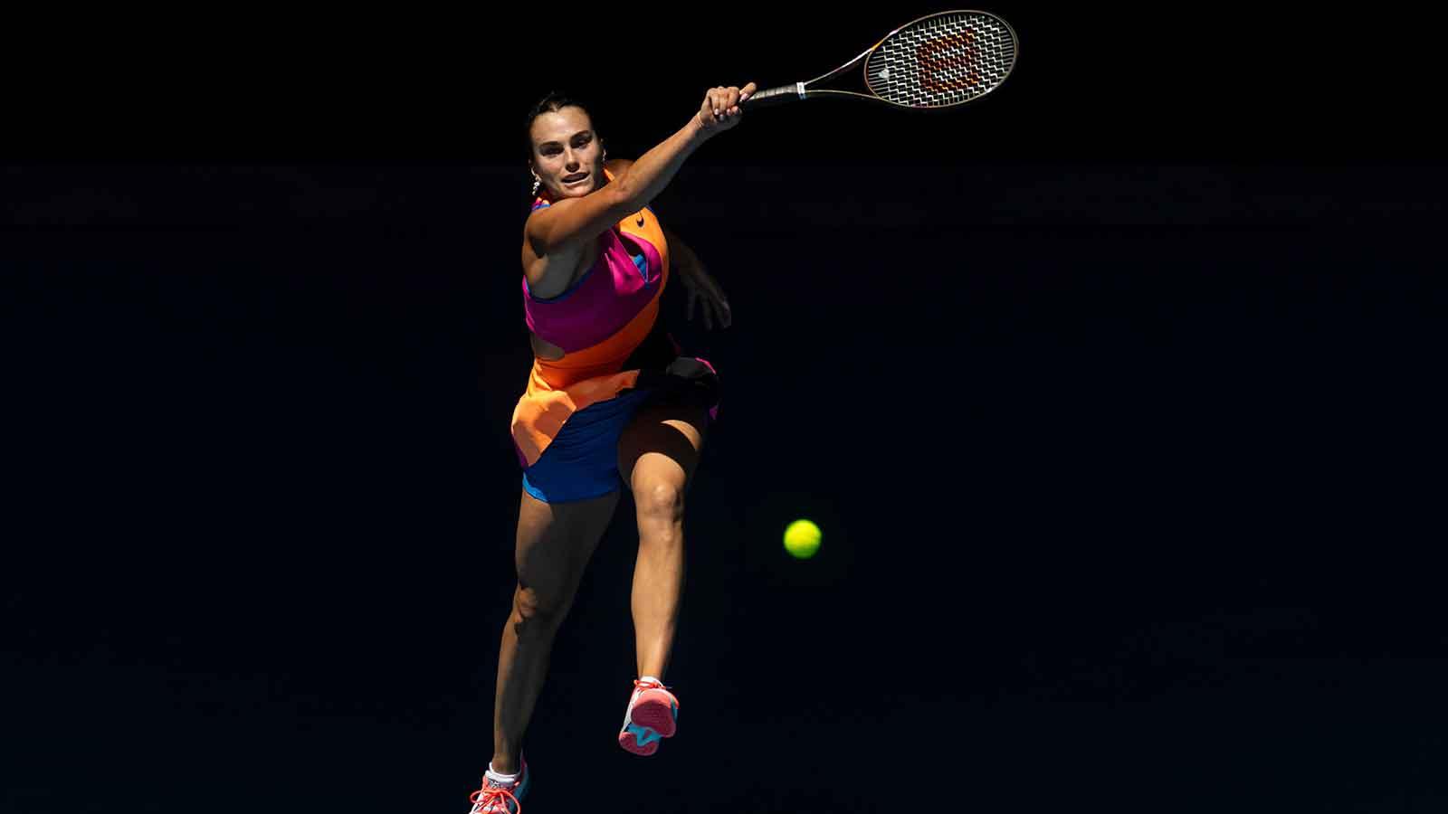 Aryna Sabalenka in action against Iva Jovic of United States in the quarterfinals of the womenís singles at the Australian Open.