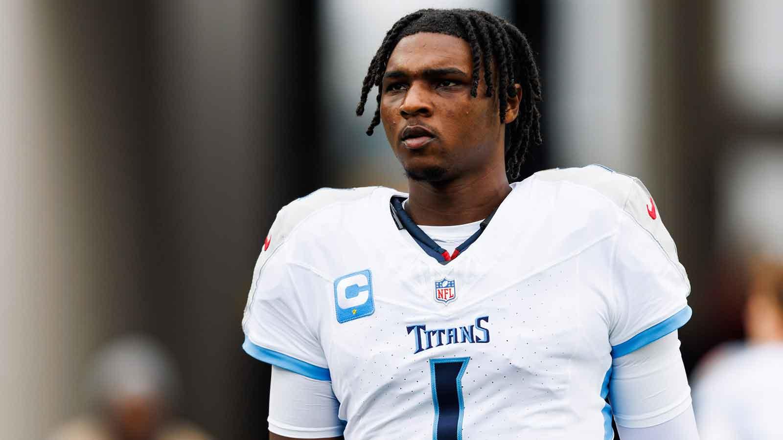 Tennessee Titans quarterback Cam Ward (1) before the game against the Jacksonville Jaguars at EverBank Stadium.