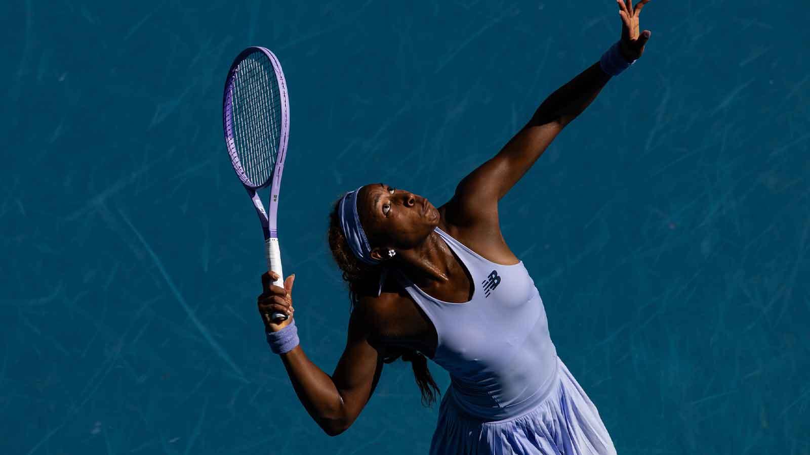Coco Gauff of United States in action against Karolina Muchova of Czechia in the fourth round of the womenís singles at the Australian Open at Margaret Court Arena in Melbourne Park.