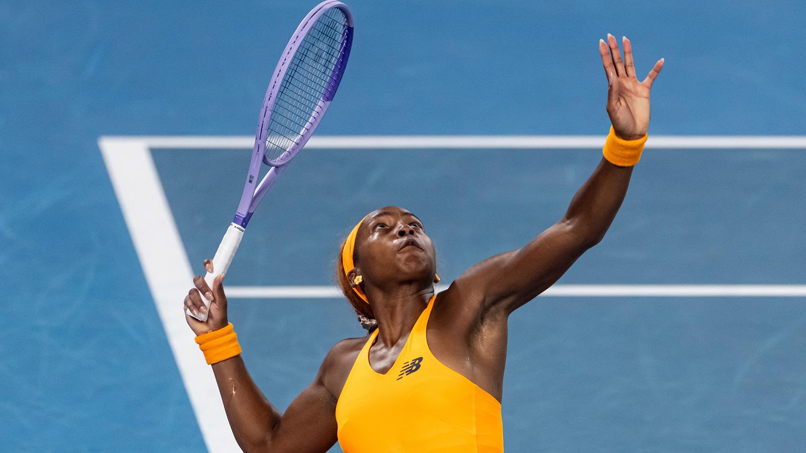 Jan 27, 2026; Melbourne, Victoria, Australia; Coco Gauff of United States in action against Elina Svitolina of Ukraine in the quarterfinals of the women’s singles at the Australian Open at Rod Laver Arena in Melbourne Park. Mandatory Credit: Mike Frey-Imagn Images
