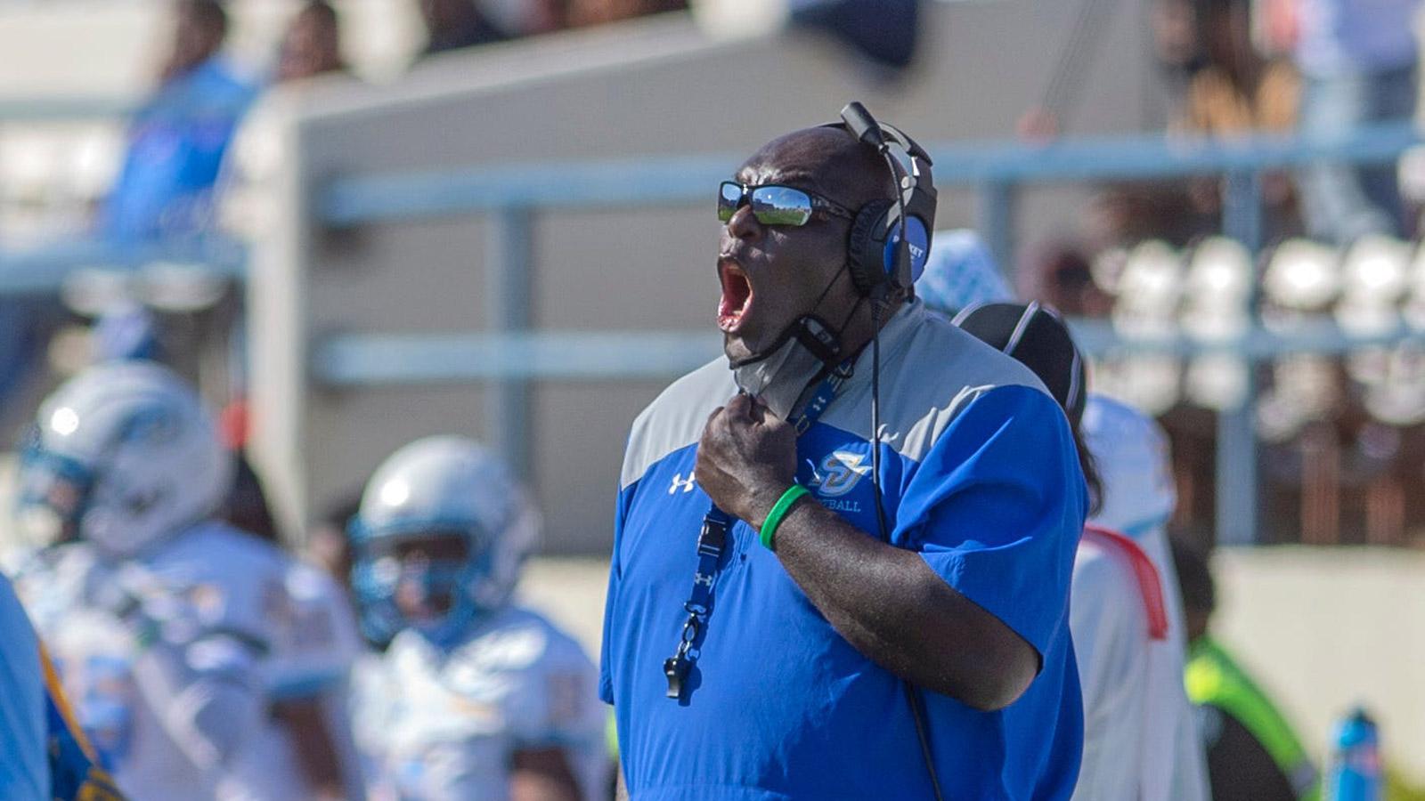 Southern University head coach Dawson Odums shouts directions to his team during play against longtime rival Jackson State University in a nonconference game at Veterans Memorial Stadium in Jackson, Miss., Saturday, April 3, 2021. Jackson State Southern University