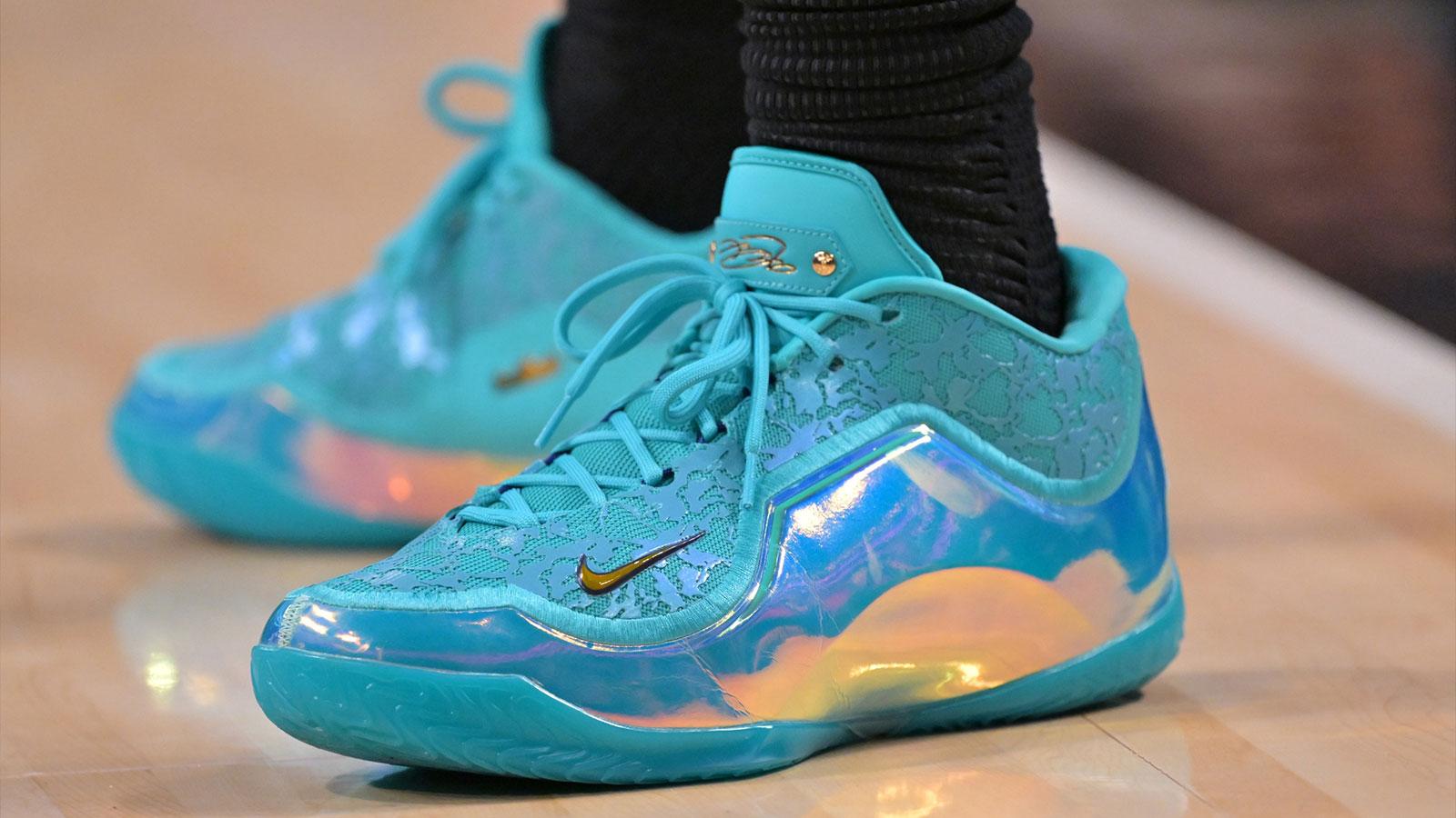 Detailed view of the basketball sneakers worn by Los Angeles Lakers forward LeBron James (23) against the Memphis Grizzlies