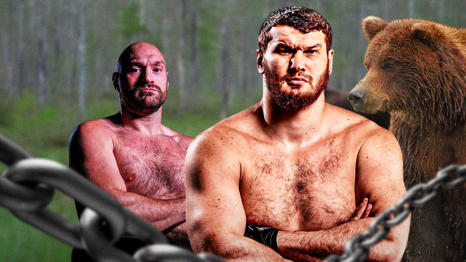 Tyson Fury with Arslanbek Makhmudov and a bear