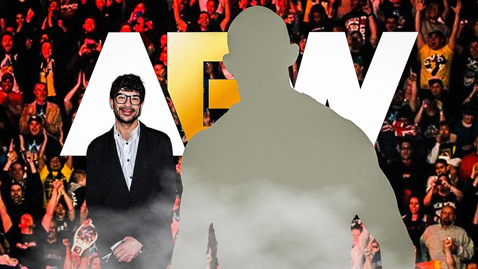 Silhouette of Tommaso Ciampa, Background - Tony Khan and the AEW logo