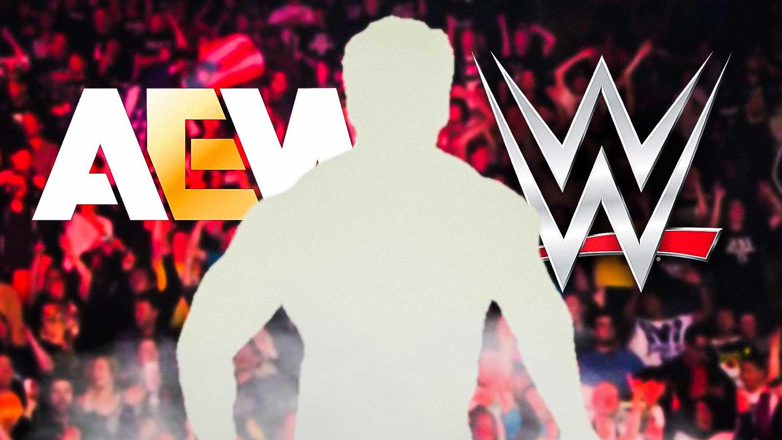 Silhouette of Powerhouse Hobbs; AEW and WWE logo