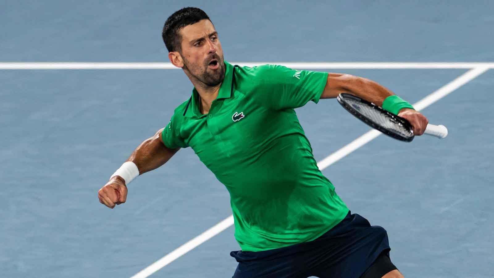 Novak Djokovic of Serbia in action against Botic van de Zandschulp of Netherlands in the third round of the menís singles at the Australian Open at Rod Laver Arena in Melbourne Park. Mandatory Credit: Mike Frey-Imagn Images