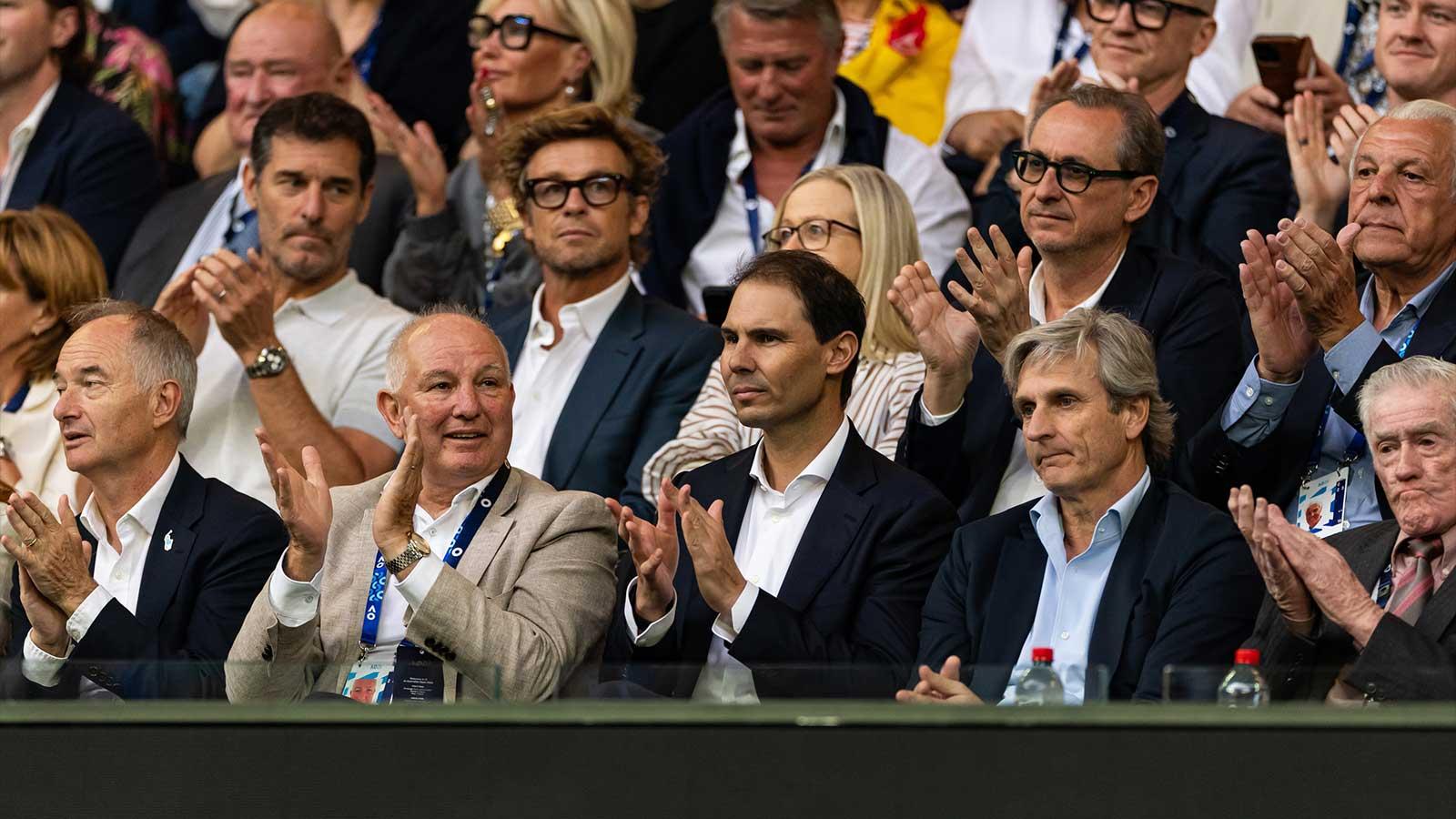 Rafael Nadal of Spain in attendance at the final of the men's single between Novak Djokovic of Serbia and Carlos Alcaraz of Spain at the Australian Open at Rod Laver Arena in Melbourne Park.
