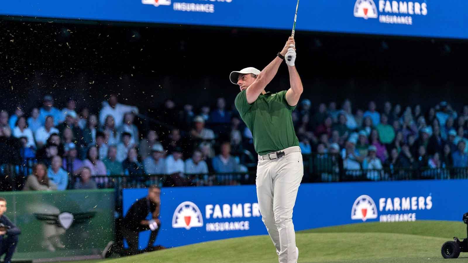 Rory McIlroy of Boston Common Golf tees off against Los Angeles Golf Club at SoFi Center on January 2, 2026, in Palm Beach Gardens, Florida.