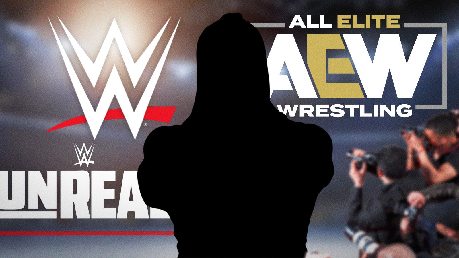 Silhouette of WWE star Penta, with WWE, AEW, and Unreal logos in the background