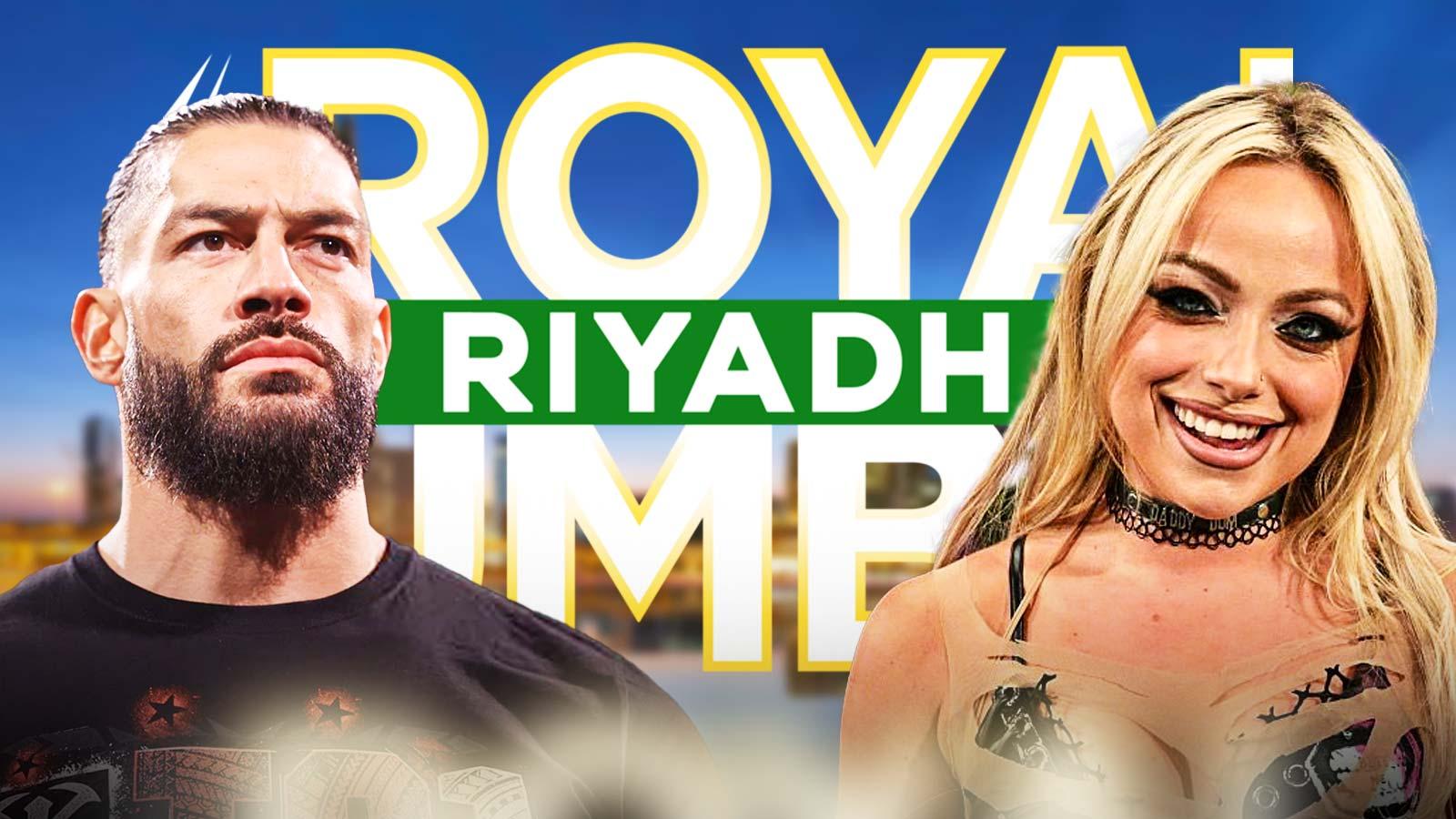 WWE stars Roman Reigns and Liv Morgan with 2026 Royal Rumble logo and Riyadh, Saudi Arabia background.
