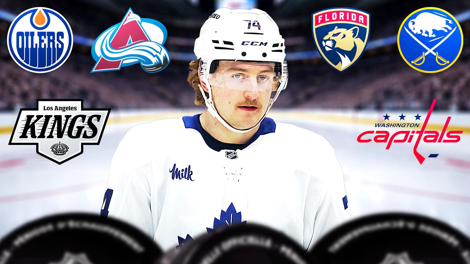 Bobby McMann with the Oilers, Avalanche, Kings, Panthers, Capitals, and Sabres logos around him.