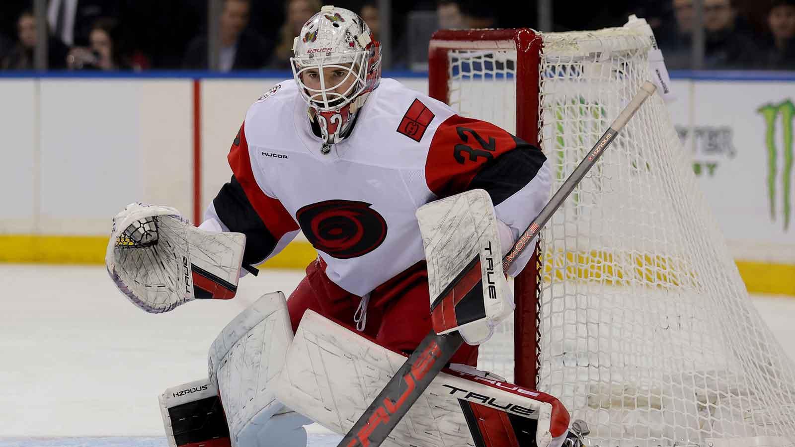 Carolina Hurricanes goaltender Brandon Bussi (32) tends net against the New York Rangers during the second period at Madison Square Garden.